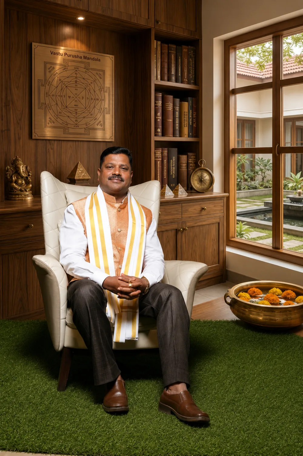 Shri V. M. Joshi seated on stage at an Advanced Vastu & Astrology event