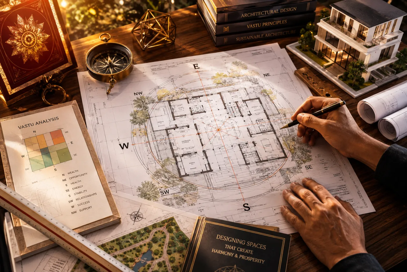 Blueprint, compass and site-plan imagery